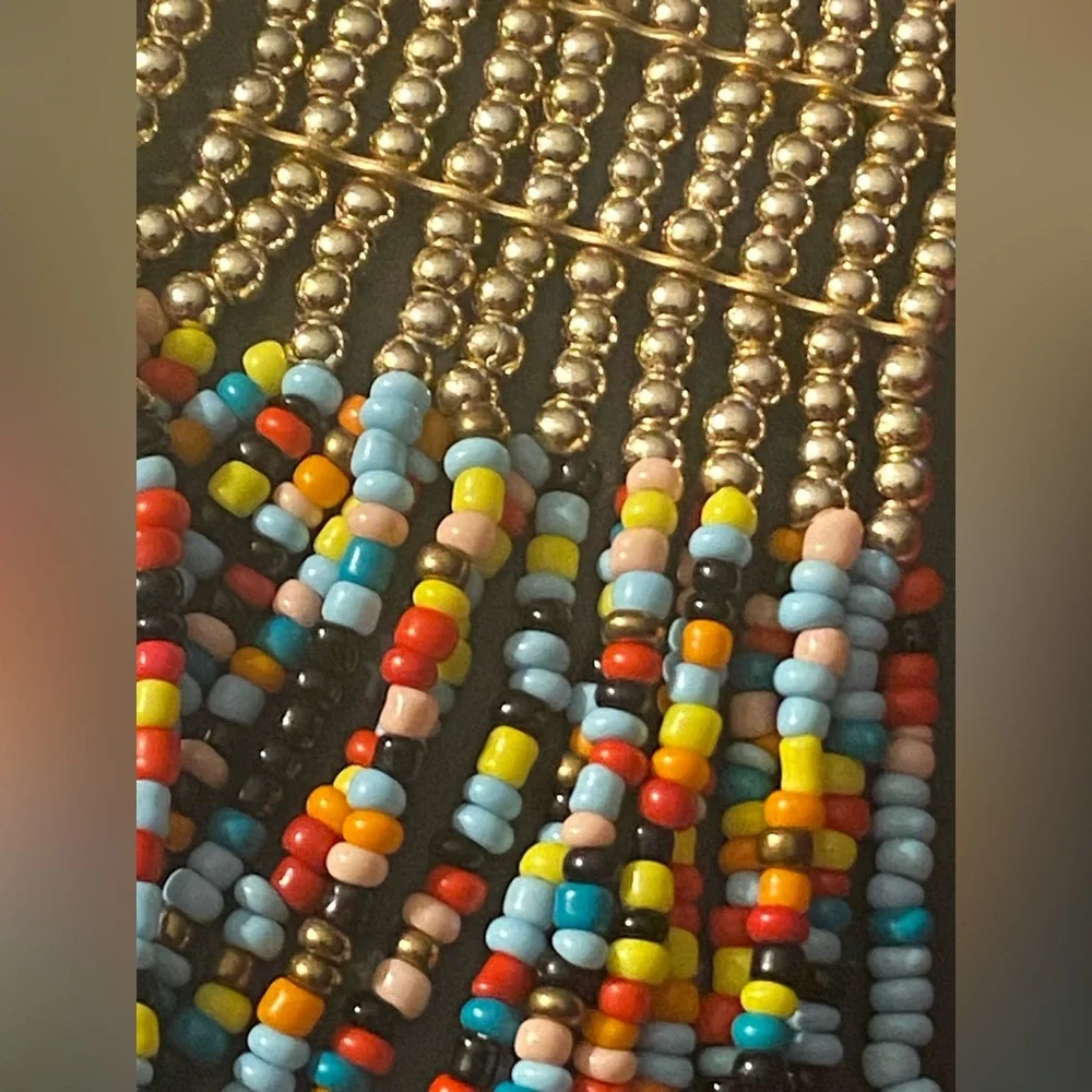Beautiful Multicolored & Gold 20 Strand Seed Bead Statement Necklace 27”